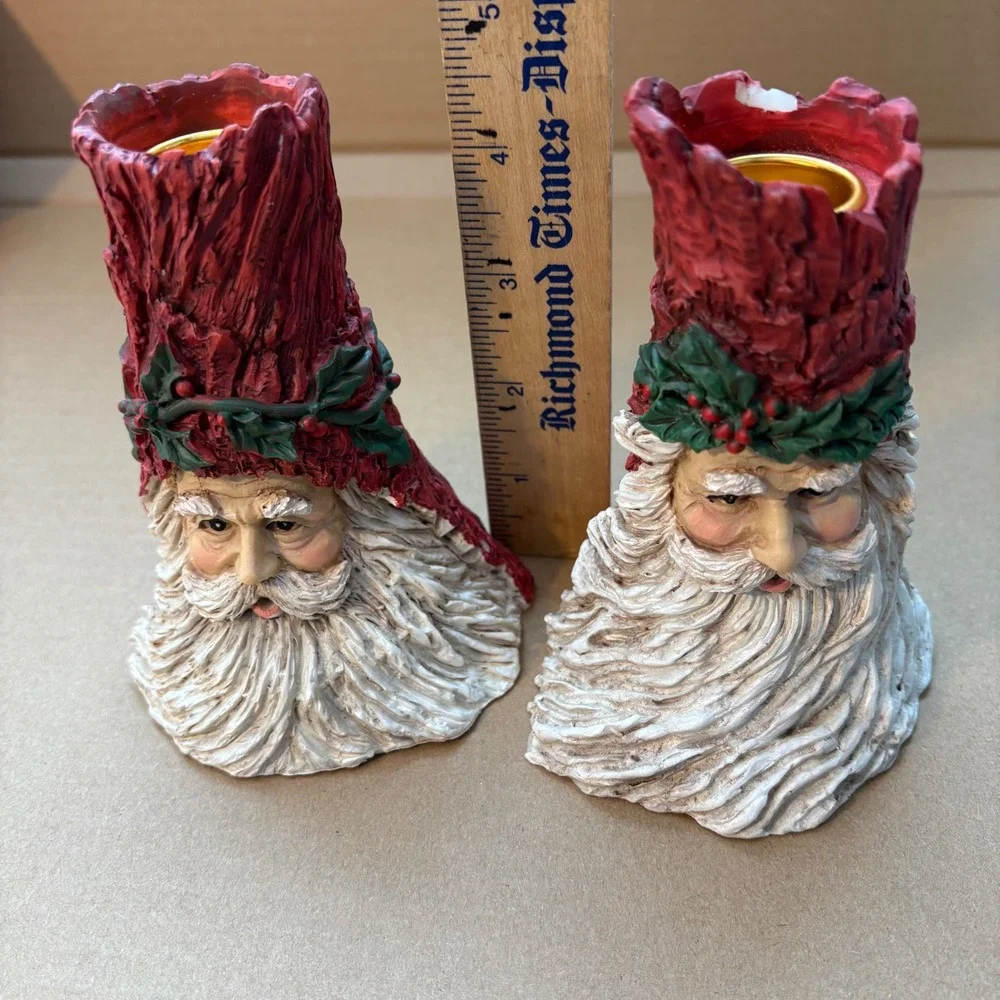 Vintage Set of 2 Santa Claus Face Tree‎ Trunk Candlestick Holders Red Holly